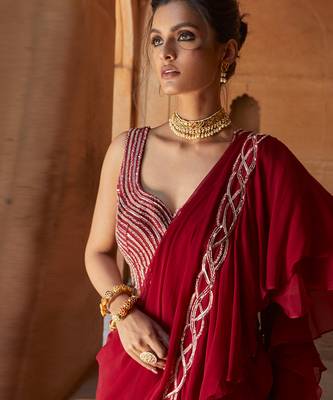 Oxblood Zasha Pre-Drapped Saree 2