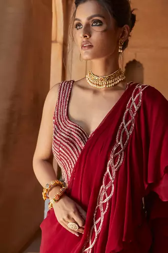 Oxblood Zasha Pre-Drapped Saree