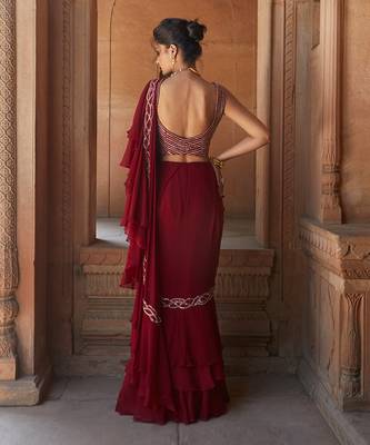 Oxblood Zasha Pre-Drapped Saree 3