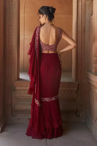 Oxblood Zasha Pre-Drapped Saree