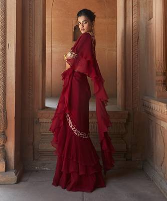 Oxblood Zasha Pre-Drapped Saree 4