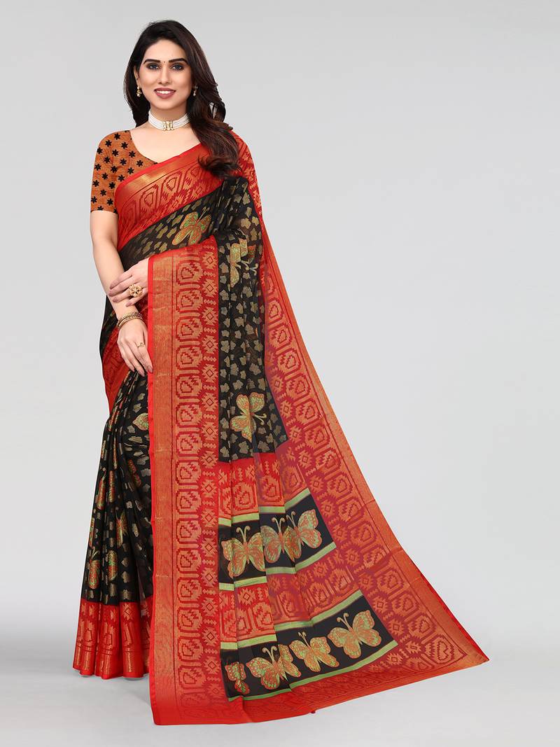 Pisara Black Chiffon Brasso Floral Printed Saree