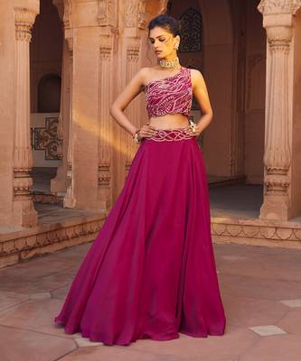 Fuchsia One-Shoulder Lehenga Set 1