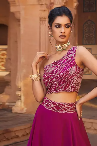 Fuchsia One-Shoulder Lehenga Set