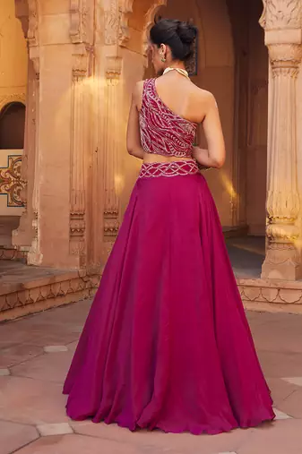 Fuchsia One-Shoulder Lehenga Set