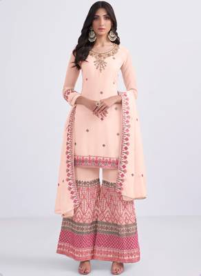 Charming Peach Thread Sequins & Zari embroidered georgette sharara suit 1