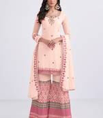 Charming Peach Thread, Sequins & Zari embroidered georgette sharara suit