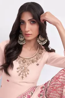 Charming Peach Thread, Sequins & Zari embroidered georgette sharara suit