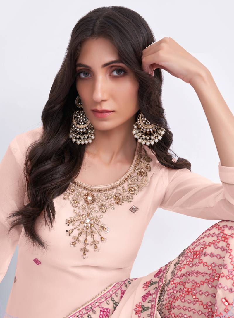 Charming Peach Thread, Sequins & Zari embroidered georgette sharara suit