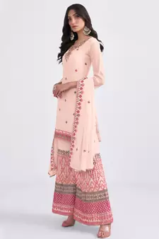 Charming Peach Thread, Sequins & Zari embroidered georgette sharara suit