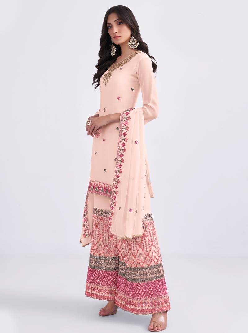 Charming Peach Thread, Sequins & Zari embroidered georgette sharara suit
