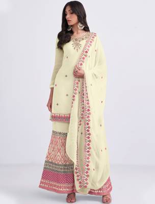 Colorful Light Yellow Thread Sequins & Zari embroidered georgette Sharara kameez 1