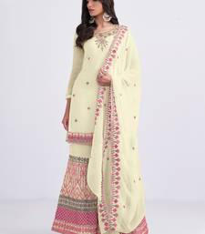 Colorful Light Yellow Thread Sequins & Zari embroidered georgette Sharara kameez