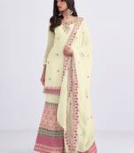 Colorful Light Yellow Thread, Sequins & Zari embroidered georgette Sharara kameez