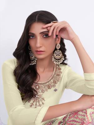 Colorful Light Yellow Thread Sequins & Zari embroidered georgette Sharara kameez 2