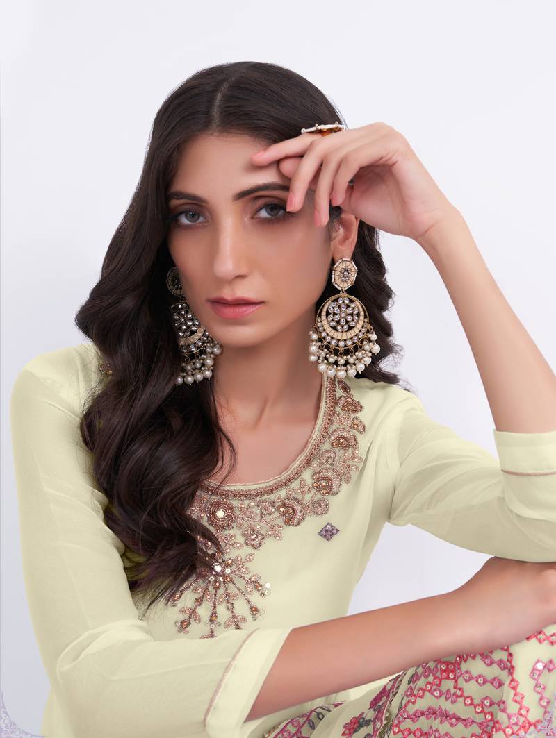 Colorful Light Yellow Thread, Sequins & Zari embroidered georgette Sharara kameez