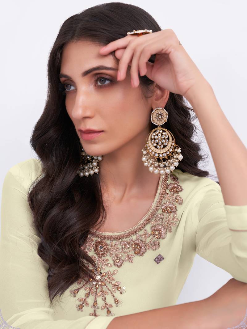 Colorful Light Yellow Thread, Sequins & Zari embroidered georgette Sharara kameez