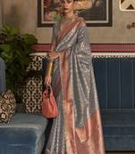 Grey Woven Silk Blend Saree With Blouse