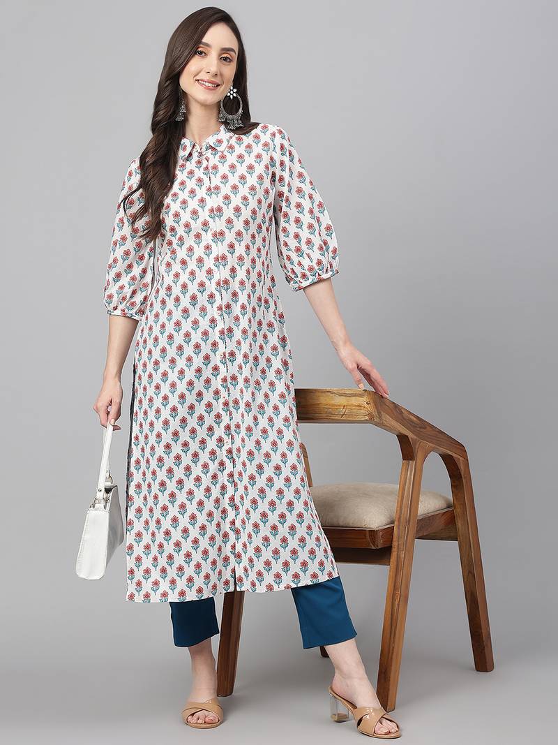 White printed cotton ethnic-kurtis