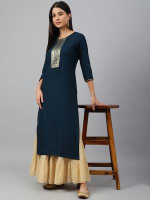 Teal plain rayon ethnic-kurtis 1