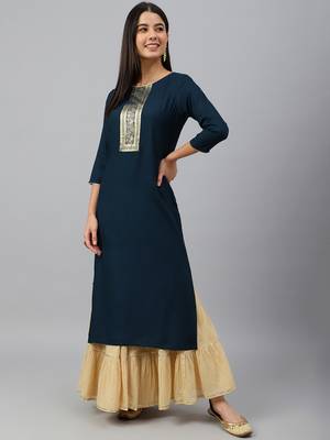 Teal plain rayon ethnic-kurtis 2