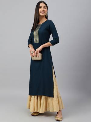 Teal plain rayon ethnic-kurtis 3