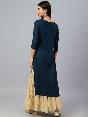 Teal plain rayon ethnic-kurtis 4