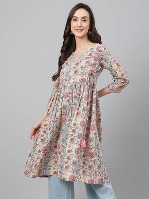 Beige printed cotton ethnic-kurtis 1