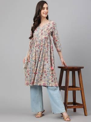 Beige printed cotton ethnic-kurtis 2