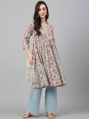 Beige printed cotton ethnic-kurtis 3
