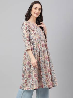 Beige printed cotton ethnic-kurtis 4