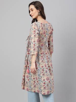 Beige printed cotton ethnic-kurtis 5