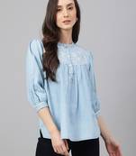 Blue embroidered denim party-tops