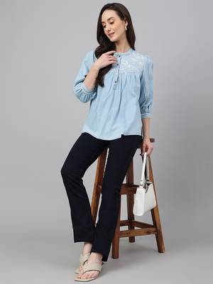 Blue embroidered denim party-tops 3