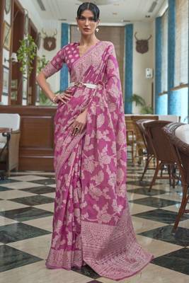 Pink Chikankari Cotton Blend Beautiful Thread work Border & Pallu Saree With Blouse 1