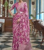 Pink Chikankari Cotton Blend Beautiful Thread work Border & Pallu Saree With Blouse