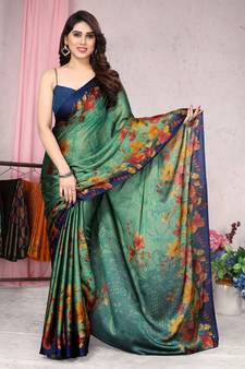 Teal printed chiffon saree with blouse