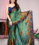 Teal printed chiffon saree with blouse