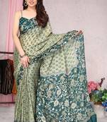 Green Printed Chiffon Saree With Blouse