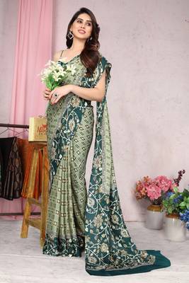 Green Printed Chiffon Saree With Blouse 2