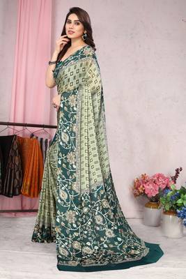 Green Printed Chiffon Saree With Blouse 3
