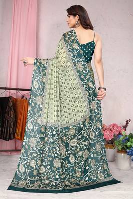Green Printed Chiffon Saree With Blouse 4