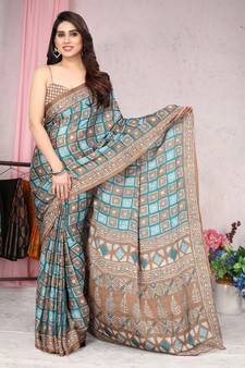 Turquoise Printed Chiffon Saree With Blouse