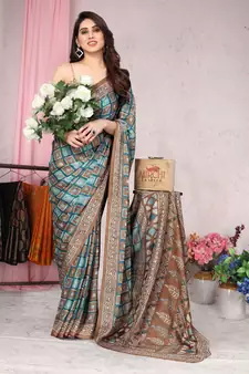 Turquoise Printed Chiffon Saree With Blouse