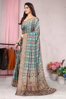 Turquoise Printed Chiffon Saree With Blouse
