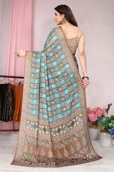 Turquoise Printed Chiffon Saree With Blouse