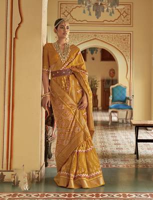 Mustard printed silk saree with blouse 1