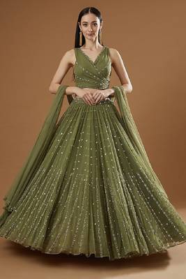 Mehndi Green Sequin Embroidered Georgette indian Designer Mehendi Ceremony Ethnic Lehenga 1