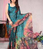 Turquoise Printed Chiffon Saree With Blouse
