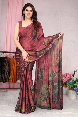 Crimson Printed Chiffon Saree With Blouse 1